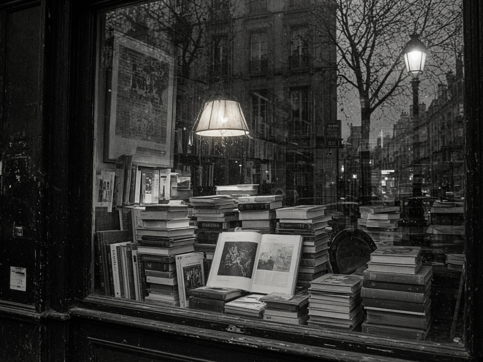 Vitrine de livraria ao entardecer.